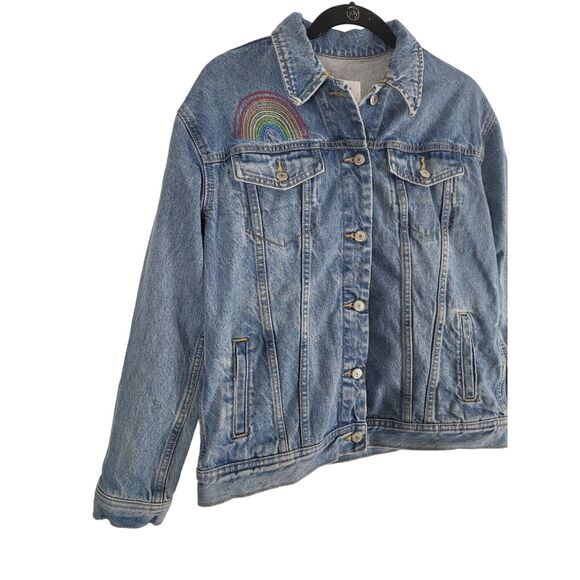 Old Navy Pride Denim Jean Jacket S Womens Boyfriend Blue Rainbow Button Front - Picture 3 of 12